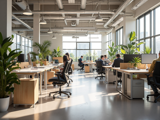 公司办公环境全景，现代化开放式办公空间，玻璃隔断会议室，绿色植物装饰，明亮自然光