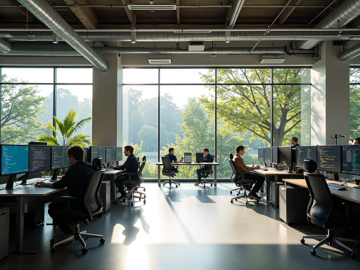 软件开发团队工作场景，现代化办公室环境，四名程序员正在电脑前专注工作，蓝色背景灯光，明亮自然光