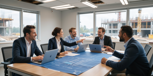 项目启动会议现场，团队成员围坐讨论，笔记本电脑屏幕显示项目计划，会议室环境