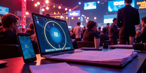 科技新闻发布会现场，现代化会议厅，大屏幕展示技术演示，多名观众参与，明亮灯光